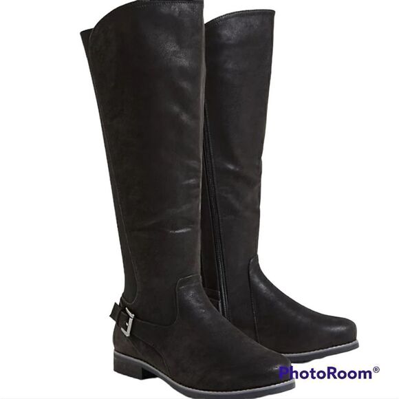 7W Torrid Black Oiled Faux Suede Buckle Ankle Knee High Boot Extra Wide Width - Picture 1 of 11